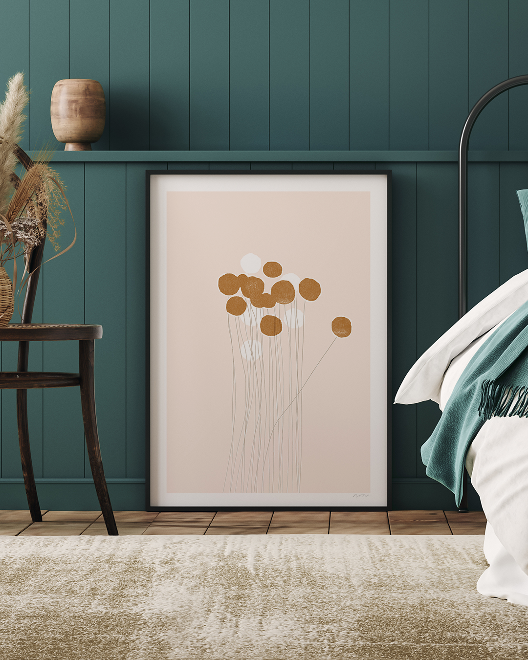 Pom-Pom artwork styled in a mid-century room with warm timber tones